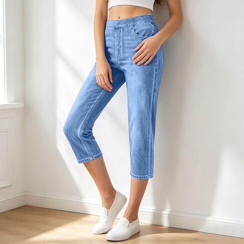 Stretch Denim Capris for Women High Waisted Pull On Straight Leg Summer Denim Print Cropped Leggings with Pockets in Saudi Arabia
