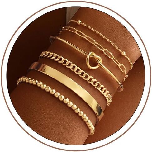 Turandoss Gold Bracelets Set for Women, Waterproof 14K Gold Plated Chunky Cuff Bracelet Stackable Tie Knot Cuban Paperclip Box Chain Bracelet Snake Rope Beaded Bangle Bracelets for Women Jewelry Gifts in Kuwait