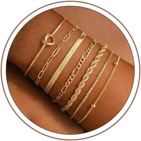 Turandoss Gold Bracelets Set for Women, Waterproof 14K Gold Plated Chunky Cuff Bracelet Stackable Tie Knot Cuban Paperclip Box Chain Bracelet Snake Rope Beaded Bangle Bracelets for Women Jewelry Gifts in Kuwait