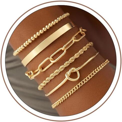 Turandoss Gold Bracelets Set for Women, Waterproof 14K Gold Plated Chunky Cuff Bracelet Stackable Tie Knot Cuban Paperclip Box Chain Bracelet Snake Rope Beaded Bangle Bracelets for Women Jewelry Gifts in Kuwait