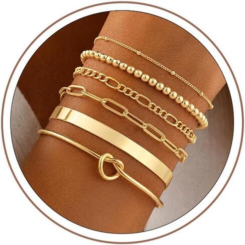 Turandoss Gold Bracelets Set for Women, Waterproof 14K Gold Plated Chunky Cuff Bracelet Stackable Tie Knot Cuban Paperclip Box Chain Bracelet Snake Rope Beaded Bangle Bracelets for Women Jewelry Gifts in Kuwait