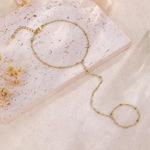 Hand Chain Bracelet Summer Essentials Stainless Steel Non Tarnish Link with Finger Ring Bracelet Stacks Dainty Gold Bracelet Beach Waterproof Jewelry Gold Handchain Bracelets for Women in Saudi Arabia