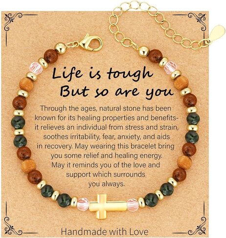 Inspirational Gifts for Women Healing Natural Stone Christian Cross 14K Gold Plated Bracelets Thinking of You Get Well Soon Birthday Gifts for Friends Women in Saudi Arabia