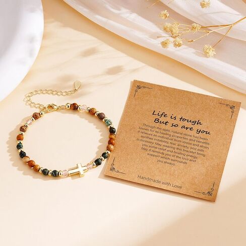 Inspirational Gifts for Women Healing Natural Stone Christian Cross 14K Gold Plated Bracelets Thinking of You Get Well Soon Birthday Gifts for Friends Women in Saudi Arabia