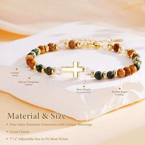 Inspirational Gifts for Women Healing Natural Stone Christian Cross 14K Gold Plated Bracelets Thinking of You Get Well Soon Birthday Gifts for Friends Women in Saudi Arabia