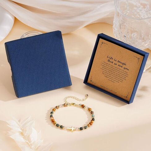 Inspirational Gifts for Women Healing Natural Stone Christian Cross 14K Gold Plated Bracelets Thinking of You Get Well Soon Birthday Gifts for Friends Women in Saudi Arabia