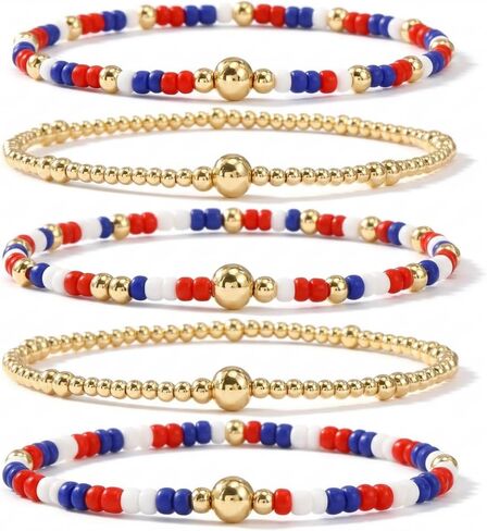 4th of July Patriotic Bracelets for Women, Boho Gold & Red White Blue Tiny Bead Stackable Elastic Bracelets Waterproof Fashion Summer Patriotic Friendship Jewelry Accessories Gift in Saudi Arabia