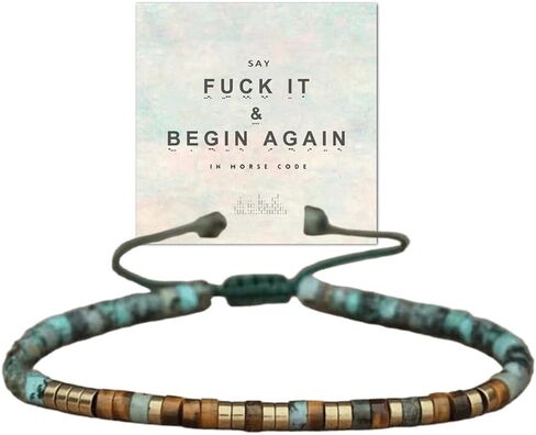 'Fuck It and Begin Again' Morse code Bracelet, Adjustable Courage Power Morse Code Bracelets for Women, Natural Tiger Eye African Turquoise Stackable Bead Wrap Bracelets With Hidden Message in Kuwait