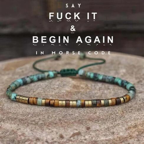 'Fuck It and Begin Again' Morse code Bracelet, Adjustable Courage Power Morse Code Bracelets for Women, Natural Tiger Eye African Turquoise Stackable Bead Wrap Bracelets With Hidden Message in Kuwait