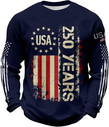 250th Anniversary USA Shirt for Men Long Sleeve Crew&Button Down Neck Waffle Cotton Knit Loose Breathable Polo Shirt in Saudi Arabia