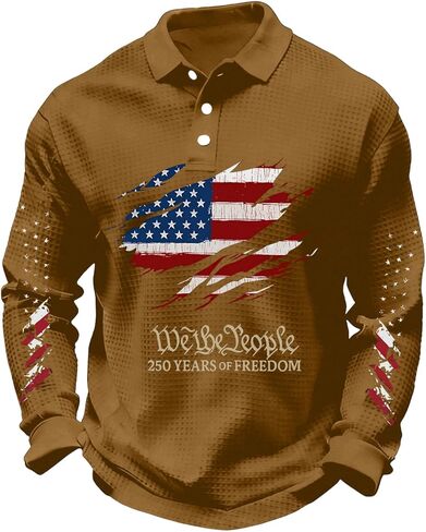 250th Anniversary USA Shirt for Men Long Sleeve Crew&Button Down Neck Waffle Cotton Knit Loose Breathable Polo Shirt in Saudi Arabia
