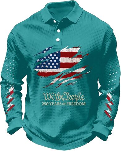 250th Anniversary USA Shirt for Men Long Sleeve Crew&Button Down Neck Waffle Cotton Knit Loose Breathable Polo Shirt in Saudi Arabia