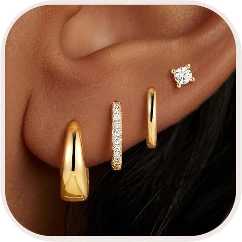 M MOOHAM Hypoallergenic Gold Hoop Earrings for Women, Flat Back Stud Earrings for Sensitive Ears Dainty 14K Gold Plated Huggie Hoops Earring Stacks Set for Multiple Piercing, Jewelry Gifts for Women in Kuwait