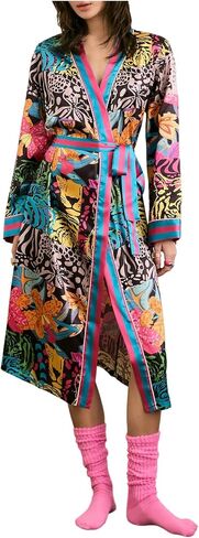 SOLY HUX Women's Satin Silk Robe Floral Kimono Bathrobe Long Sleeve Bridesmaid Robes Sleepwear with Belted in Kuwait