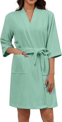 Ekouaer Women Terry Cloth Robes Absorbent Towel Robe Knee Length Soft Bathrobe 3/4 Sleeve Spa Robe with Pockets S-2XL in Kuwait