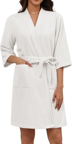 Ekouaer Women Terry Cloth Robes Absorbent Towel Robe Knee Length Soft Bathrobe 3/4 Sleeve Spa Robe with Pockets S-2XL in Kuwait