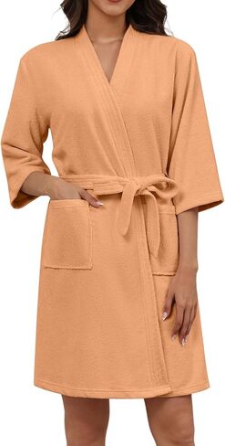Ekouaer Women Terry Cloth Robes Absorbent Towel Robe Knee Length Soft Bathrobe 3/4 Sleeve Spa Robe with Pockets S-2XL in Kuwait