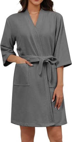 Ekouaer Women Terry Cloth Robes Absorbent Towel Robe Knee Length Soft Bathrobe 3/4 Sleeve Spa Robe with Pockets S-2XL in Kuwait