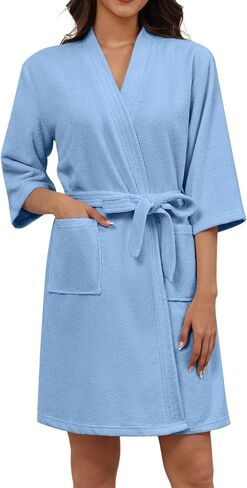 Ekouaer Women Terry Cloth Robes Absorbent Towel Robe Knee Length Soft Bathrobe 3/4 Sleeve Spa Robe with Pockets S-2XL in Kuwait
