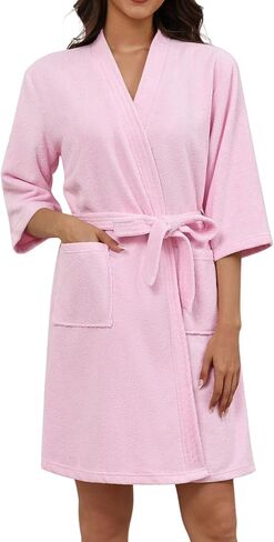 Ekouaer Women Terry Cloth Robes Absorbent Towel Robe Knee Length Soft Bathrobe 3/4 Sleeve Spa Robe with Pockets S-2XL in Kuwait