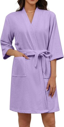 Ekouaer Women Terry Cloth Robes Absorbent Towel Robe Knee Length Soft Bathrobe 3/4 Sleeve Spa Robe with Pockets S-2XL in Kuwait