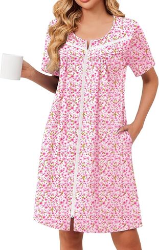 Ekouaer Zipper Robes for Women Short Sleeve Bathrobes Lace Lightweight House Coat Soft Zip Up Nightgowns with Pockets in Kuwait