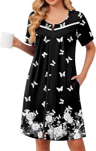 Ekouaer Zipper Robes for Women Short Sleeve Bathrobes Lace Lightweight House Coat Soft Zip Up Nightgowns with Pockets in Saudi Arabia