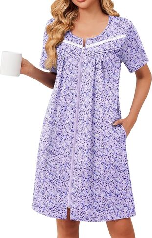 Ekouaer Zipper Robes for Women Short Sleeve Bathrobes Lace Lightweight House Coat Soft Zip Up Nightgowns with Pockets in Saudi Arabia