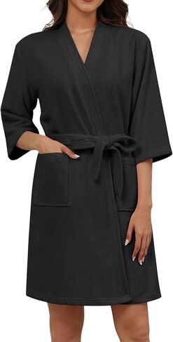 Ekouaer Women Terry Cloth Robes Absorbent Towel Robe Knee Length Soft Bathrobe 3/4 Sleeve Spa Robe with Pockets S-2XL in Kuwait