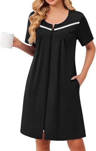 Ekouaer Zipper Robes for Women Short Sleeve Bathrobes Lace Lightweight House Coat Soft Zip Up Nightgowns with Pockets in Saudi Arabia