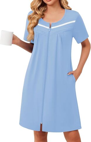 Ekouaer Zipper Robes for Women Short Sleeve Bathrobes Lace Lightweight House Coat Soft Zip Up Nightgowns with Pockets in Saudi Arabia