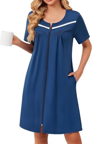 Ekouaer Zipper Robes for Women Short Sleeve Bathrobes Lace Lightweight House Coat Soft Zip Up Nightgowns with Pockets in Saudi Arabia