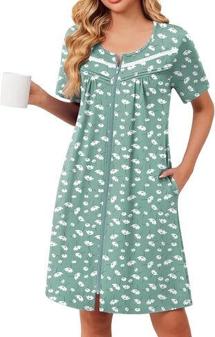 Ekouaer Zipper Robes for Women Short Sleeve Bathrobes Lace Lightweight House Coat Soft Zip Up Nightgowns with Pockets in Saudi Arabia