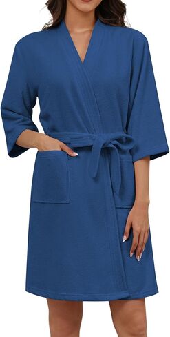 Ekouaer Women Terry Cloth Robes Absorbent Towel Robe Knee Length Soft Bathrobe 3/4 Sleeve Spa Robe with Pockets S-2XL in Kuwait
