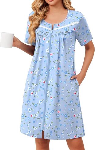 Ekouaer Zipper Robes for Women Short Sleeve Bathrobes Lace Lightweight House Coat Soft Zip Up Nightgowns with Pockets in Saudi Arabia