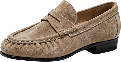 Women's Suede Split Cowhide Leather Penny Loafers Slip on Comfortable Dressy Casual Shoes - Brown/Oatmeal in Saudi Arabia
