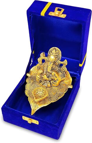 NOBILITY Gold Ganesha on Leaf Statue with Diya Oil Lamp Idol with Blue Gift Box Pooja Items Diwali Decoration Puja Gifts Handmade Oil Lamp Traditional Indian Deepawali Gift Items in Kuwait