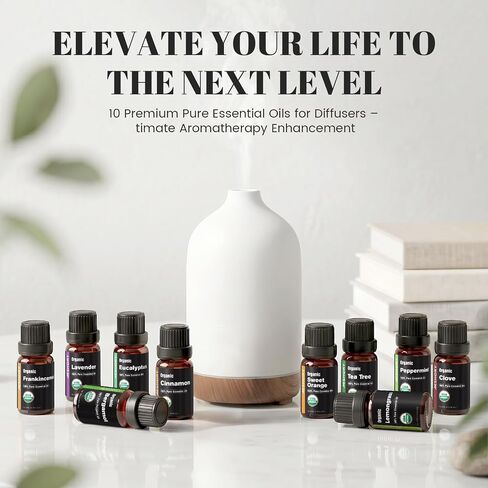 Organic Essential Oils Gift Set, Top 10x10ML-100% Pure Natural Aromatherapy for Diffusers, Humidifiers, Candle Making, Peppermint, Tea Tree, Lavender, Frankincense, Lemongrass, Eucalyptus & More in Saudi Arabia