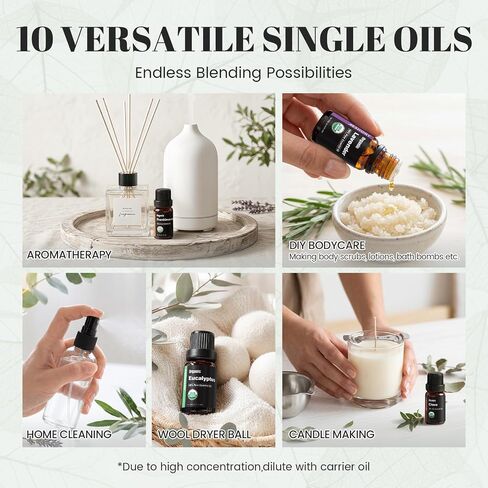 Organic Essential Oils Gift Set, Top 10x10ML-100% Pure Natural Aromatherapy for Diffusers, Humidifiers, Candle Making, Peppermint, Tea Tree, Lavender, Frankincense, Lemongrass, Eucalyptus & More in Saudi Arabia