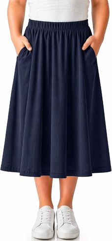 STRETCH IS COMFORT Girls Skirts Cotton, Long Midi Circle Skirt with Pockets | No-roll waistband, pull-on comfort, twirl-ready coverage, school, church, holidays, everyday play, skirt for girls 10-12 in Kuwait