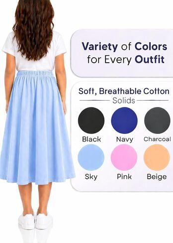 STRETCH IS COMFORT Girls Skirts Cotton, Long Midi Circle Skirt with Pockets | No-roll waistband, pull-on comfort, twirl-ready coverage, school, church, holidays, everyday play, skirt for girls 10-12 in Kuwait