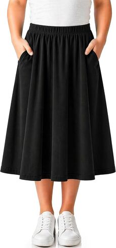 STRETCH IS COMFORT Girls Skirts Cotton, Long Midi Circle Skirt with Pockets | No-roll waistband, pull-on comfort, twirl-ready coverage, school, church, holidays, everyday play, skirt for girls 10-12 in Kuwait