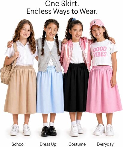 STRETCH IS COMFORT Girls Skirts Cotton, Long Midi Circle Skirt with Pockets | No-roll waistband, pull-on comfort, twirl-ready coverage, school, church, holidays, everyday play, skirt for girls 10-12 in Kuwait
