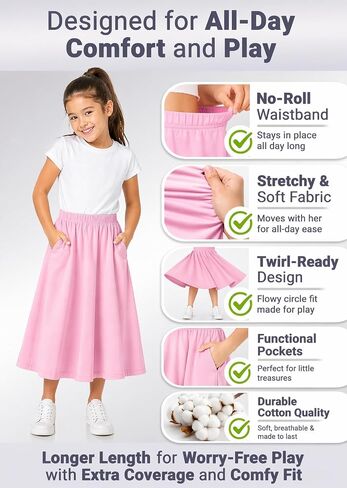 STRETCH IS COMFORT Girls Skirts Cotton, Long Midi Circle Skirt with Pockets | No-roll waistband, pull-on comfort, twirl-ready coverage, school, church, holidays, everyday play, skirt for girls 10-12 in Kuwait