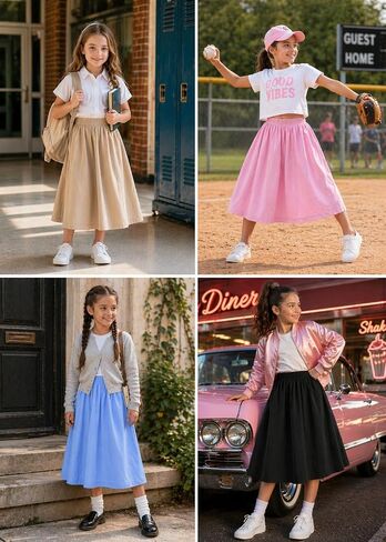 STRETCH IS COMFORT Girls Skirts Cotton, Long Midi Circle Skirt with Pockets | No-roll waistband, pull-on comfort, twirl-ready coverage, school, church, holidays, everyday play, skirt for girls 10-12 in Kuwait