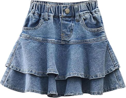 GORGLITTER Girl's Denim Jean Skirt Cute Trendy Ruffle Elastic High Waist Tiered A Line Mini Skirts Going Out Outfits in Kuwait