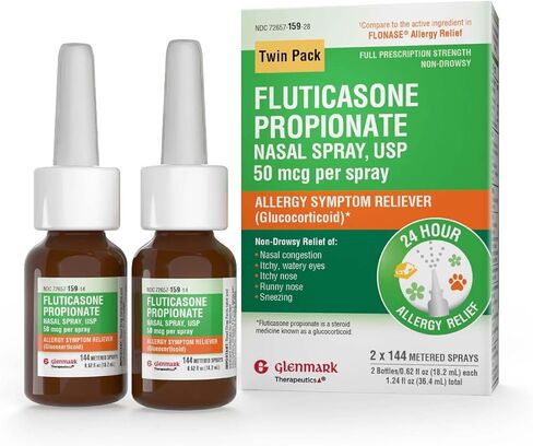 Glenmark Therapeutics Fluticasone Propionate Nasal Spray, USP 50 mcg per Spray, 144 Metered Sprays, 24 Hour Allergy Symptom Reliever, Non-Drowsy in Kuwait