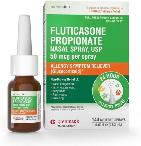 Glenmark Therapeutics Fluticasone Propionate Nasal Spray, USP 50 mcg per Spray, 144 Metered Sprays, 24 Hour Allergy Symptom Reliever, Non-Drowsy in Kuwait