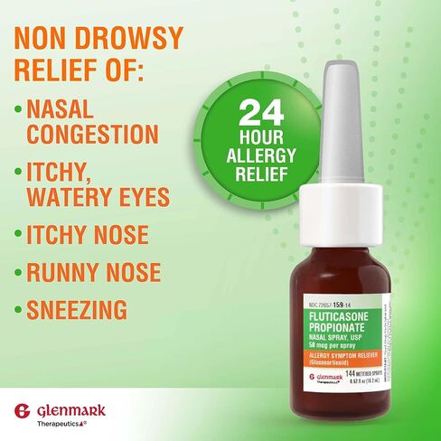 Glenmark Therapeutics Fluticasone Propionate Nasal Spray, USP 50 mcg per Spray, 144 Metered Sprays, 24 Hour Allergy Symptom Reliever, Non-Drowsy in Kuwait