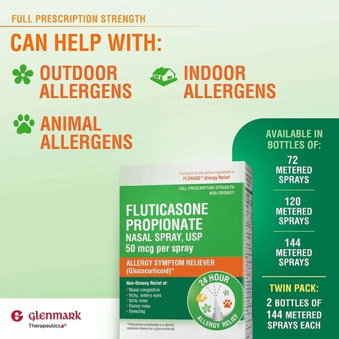 Glenmark Therapeutics Fluticasone Propionate Nasal Spray, USP 50 mcg per Spray, 144 Metered Sprays, 24 Hour Allergy Symptom Reliever, Non-Drowsy in Kuwait